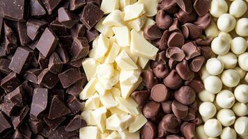 Dark, milk, and white chocolate varieties side by side. Chocolate pieces in diffrent color photo
