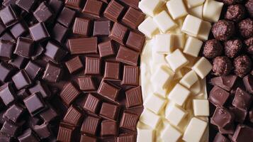 Dark, milk, and white chocolate varieties side by side. Chocolate pieces in diffrent color photo