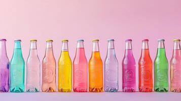 Colorful soda bottles arranged for a party. Vibrant Glass Soda Bottles, assorted soda bottles photo