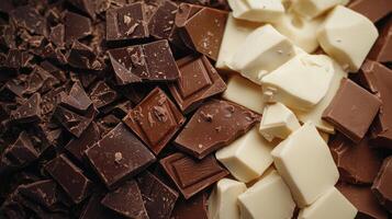 Dark, milk, and white chocolate varieties side by side. Chocolate pieces in diffrent color photo