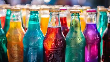 Colorful soda bottles arranged for a party. Vibrant Glass Soda Bottles, assorted soda bottles photo