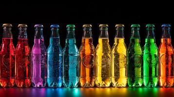 Colorful soda bottles arranged for a party. Vibrant Glass Soda Bottles, assorted soda bottles photo