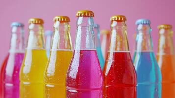 Colorful soda bottles arranged for a party. Vibrant Glass Soda Bottles, assorted soda bottles photo