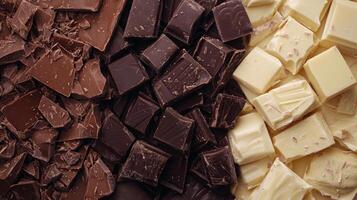 Dark, milk, and white chocolate varieties side by side. Chocolate pieces in diffrent color photo