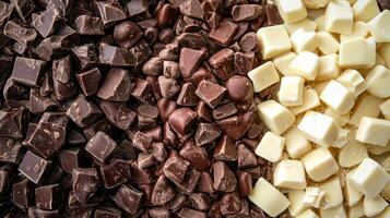 Dark, milk, and white chocolate varieties side by side. Chocolate pieces in diffrent color photo