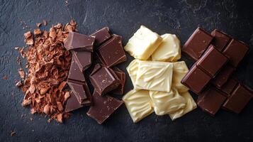 Dark, milk, and white chocolate varieties side by side. Chocolate pieces in diffrent color photo