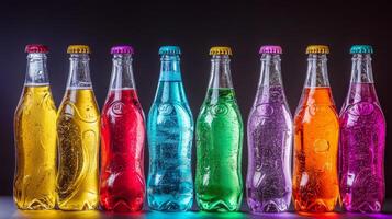 Colorful soda bottles arranged for a party. Vibrant Glass Soda Bottles, assorted soda bottles photo