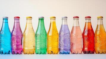 Colorful soda bottles arranged for a party. Vibrant Glass Soda Bottles, assorted soda bottles photo
