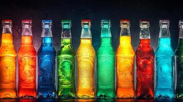Colorful soda bottles arranged for a party. Vibrant Glass Soda Bottles, assorted soda bottles photo