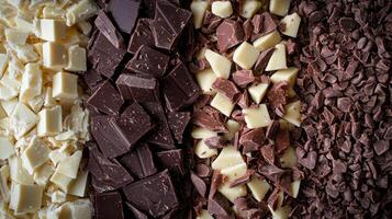Dark, milk, and white chocolate varieties side by side. Chocolate pieces in diffrent color photo