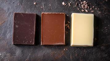 Dark, milk, and white chocolate varieties side by side. Chocolate pieces in diffrent color photo
