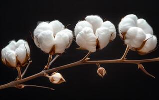 A branch with four white cotton flowers. The flowers are arranged in a line and are the main focus of the image. Scene is calm and serene, as the white flowers are delicate and peaceful photo