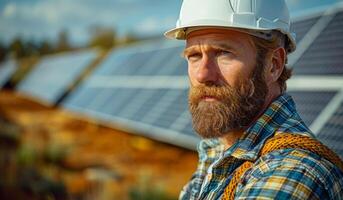 A man with a white hard hat and a beard is sitting in a field. A bearded engineer, wearing a white helmet, looking at drawings, with a solar power plant in the background photo