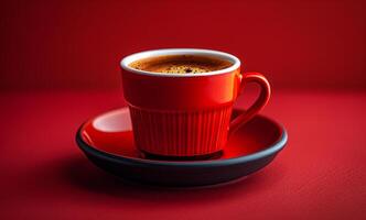 A red coffee cup sits on a red plate. The cup is filled with coffee and has a white rim. The red and white colors create a warm and inviting atmosphere photo