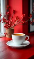 A white coffee cup with a red rim sits on a white saucer on a red table. The cup is filled with coffee and surrounded by red flowers. Concept of warmth and comfort, as the coffee photo