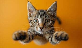 A cat is looking up at the camera with its paws outstretched. The image has a playful and curious mood, as the cat seems to be trying to reach the camera photo