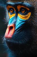 A close up of a monkey's face with a blue and yellow stripe on its face. The monkey has a red nose and is looking at the camera photo