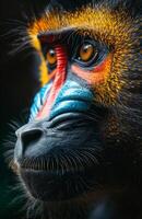 A close up of a monkey's face with a red, blue and yellow stripe on its face. photo