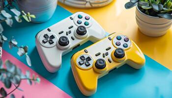 Two game controllers, one white and one yellow, sit on a table. The controllers are placed next to each other, and there are potted plants in the background. Concept of relaxation and leisure photo