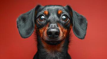 A black and brown dog with brown eyes is staring at the camera. The dog's ears are perked up and its nose is slightly raised. The dog appears to be curious or alert photo