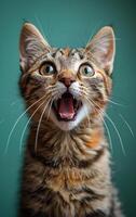 A cat with its mouth open and teeth showing. The cat is looking at the camera with a surprised expression photo