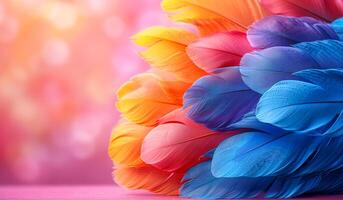 A colorful arrangement of feathers on a pink background. The feathers are of different colors, including blue, orange, and yellow. Concept of vibrancy and liveliness photo