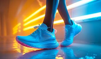 A person is wearing a Nike shoe and walking on a wet floor. The shoes are white and blue, and the person's legs are visible. The image has a bright and energetic feel photo