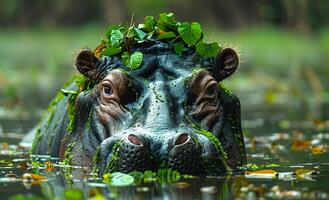 A hippo is swimming in a pond with leaves and grass on its head. The scene is peaceful and serene photo