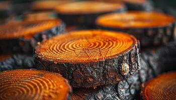 A pile of cut wood is shown, with the texture and rings on each log visible. The focus is on one large round piece in front with visible grain patterns, and other pieces are stacked behind it. photo