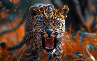 A leopard is shown in a forest with orange and brown colors. The leopard is standing on the ground and has its mouth open, showing its teeth. Concept of wildness and danger photo