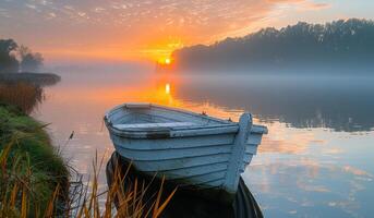 A small white boat sits in the water, with the sun setting in the background. The scene is peaceful and serene, with the boat being the only object in the water photo