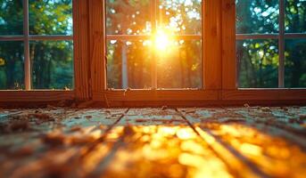 A window with sunlight shining through it. The sunlight is bright and warm, creating a cozy and inviting atmosphere photo