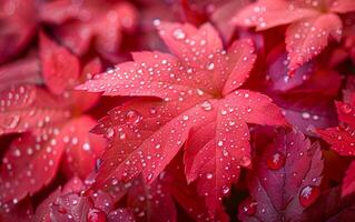 A close up of a leaf with raindrops on it. The leaf is red and the raindrops are small and scattered. Concept of tranquility and calmness, as the raindrops gently fall on the leaf photo