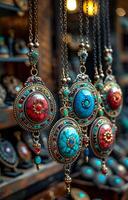 A row of necklaces with colorful stones hanging from a chain. The necklaces are of different sizes and colors, and they are displayed on a table. The display creates a sense of variety and diversity photo