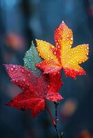 Two leaves with raindrops on them, one is red and the other is yellow. The leaves are arranged in a way that they look like they are holding hands. The image has a peaceful and calming mood photo