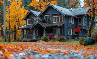 A large house with a porch and a driveway covered in autumn leaves. The house is surrounded by trees and has a beautiful view of the fall foliage photo