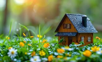 A small house is sitting in a field of flowers. The house is surrounded by tall grass and the flowers are yellow. The scene is peaceful and serene photo