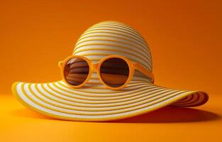 A yellow and white straw hat with sunglasses on top of it. The hat is placed on a yellow background photo