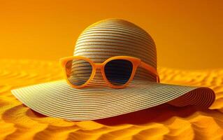 A yellow straw hat with sunglasses on top of it. The hat is placed on a sandy surface photo