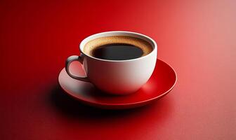 A white coffee cup with a red saucer sits on a red background. The coffee is dark and the cup is almost empty photo