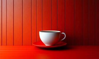 A white coffee cup sits on a red plate on a wooden table. The red background and the white cup create a contrast that makes the cup stand out. Concept of warmth and comfort photo