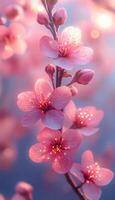A close up of a pink flower with a blurry background. The flowers are in full bloom and the image has a soft, dreamy feel to it photo