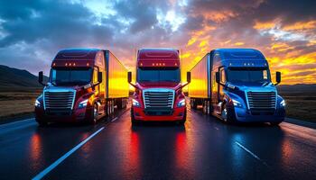 Three semi trucks are parked on a road, with the sun setting in the background. The trucks are all red, and they are positioned in a row. The scene has a peaceful and serene mood photo