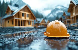 A construction worker's hard hat is sitting on the ground in front of a house. Concept of hard work and dedication to the construction project photo
