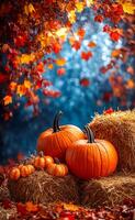 A few pumpkins are sitting on a hay bale in front of a tree with leaves. Scene is warm and cozy, with the pumpkins and hay bale evoking a sense of autumn and harvest photo