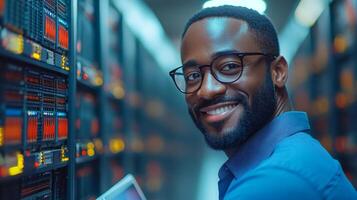 A man with glasses is smiling and holding a tablet. Concept of happiness and positivity photo