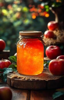 A jar of honey is sitting on a wooden table with several apples around it. The jar is filled with a golden liquid, and the apples are arranged in a circular pattern around it photo