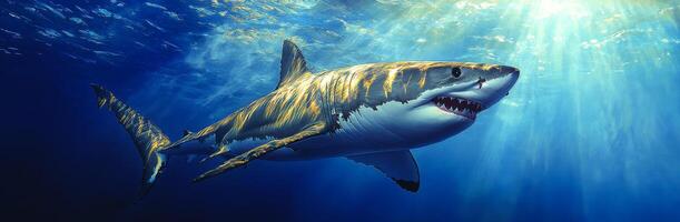 A shark is swimming in the ocean. The shark is large and has a menacing look on its face. The water is clear and blue, and the sun is shining brightly, creating a beautiful and peaceful scene photo