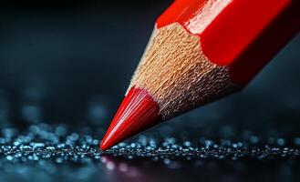 A red pencil with a sharp point is on a black surface. The pencil is almost completely red, with only a small portion of it showing. Concept of focus and precision photo