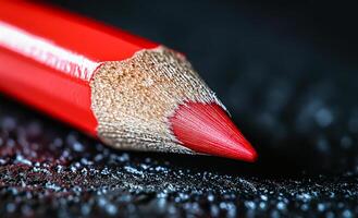 A red pencil with a sharp point is on a black surface. The pencil is almost completely worn down, with only a small portion of the lead remaining. Concept of wear and tear photo
